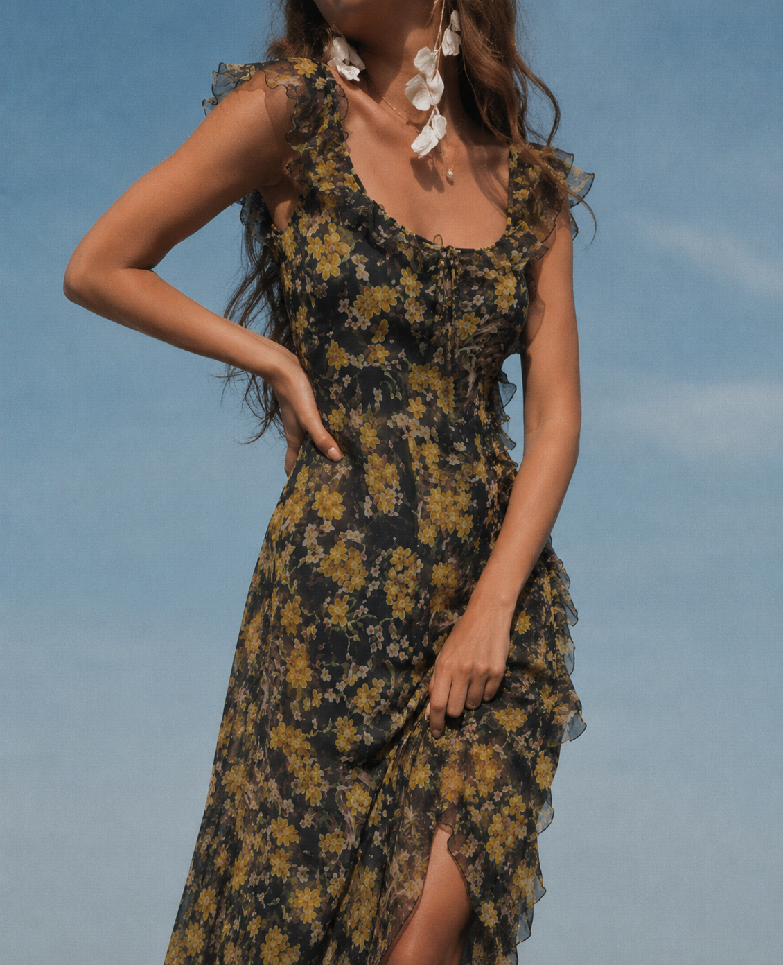 Cascading Botanical Dress in Golden Noir Marina Blanche