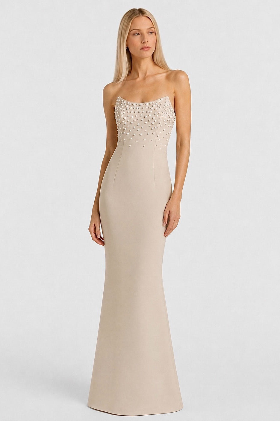 Pearl Embellished Column Dress Marina Blanche