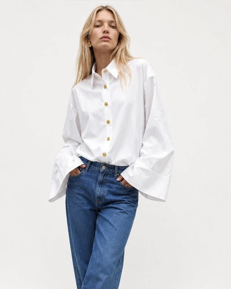 Rose Button Shirt in Cotton Marina Blanche
