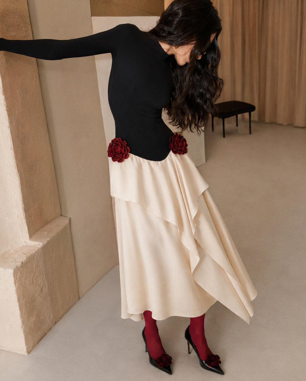 Asymmetric Flower Midi Dress Marina Blanche