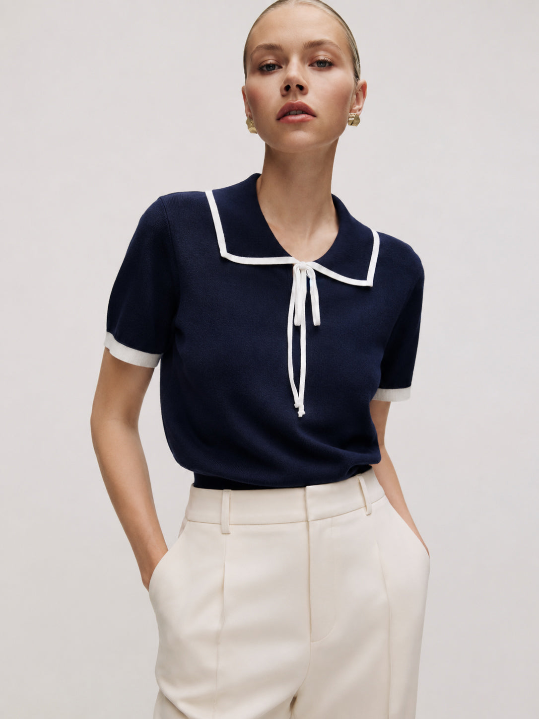 Wool Knit Top with Lavallière Marina Blanche