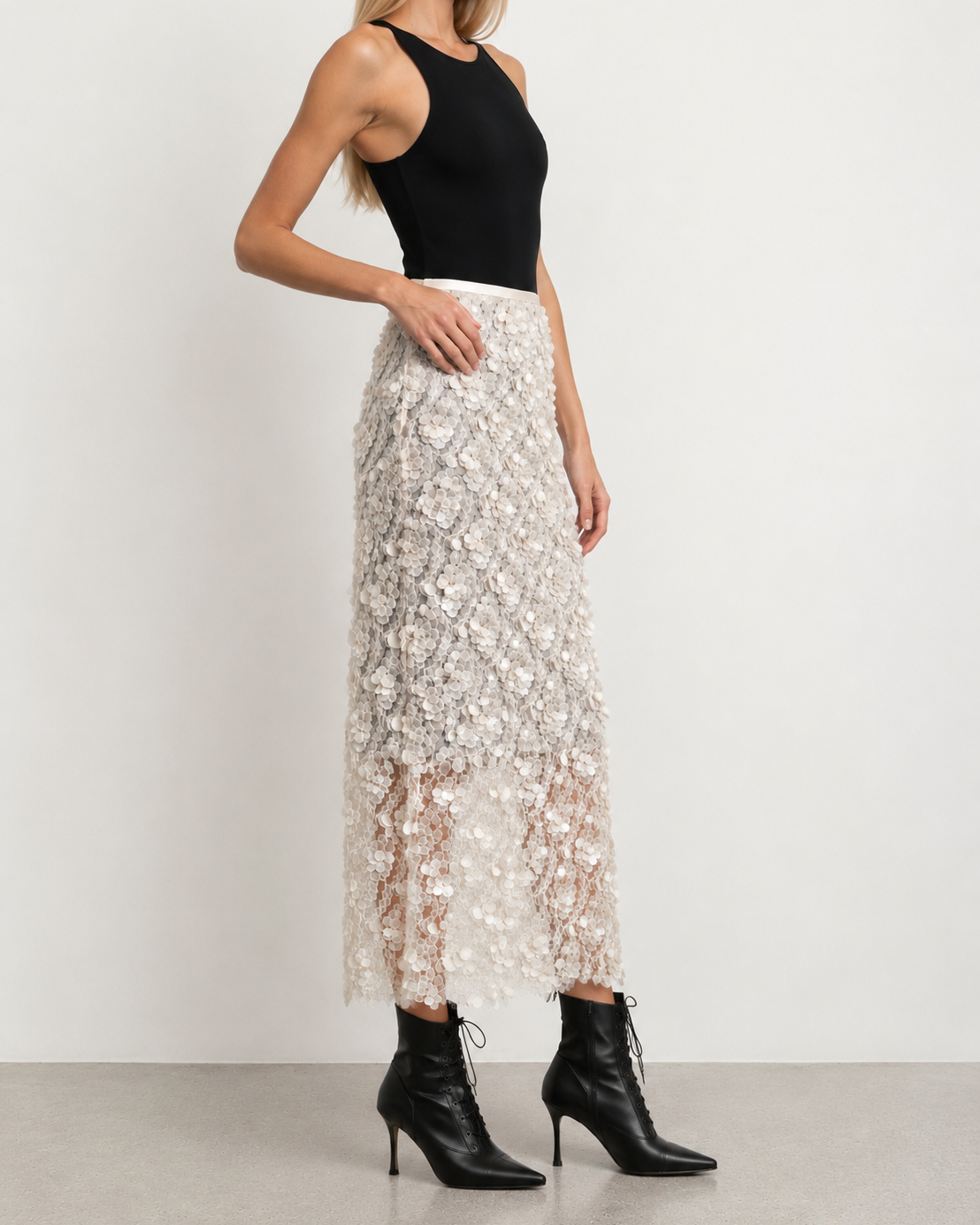 Sequin-Embellished Fishtail Maxi Skirt Marina Blanche